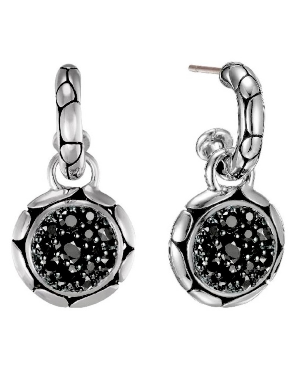 John Hardy 925 Sterling Silver Dangle Hoop Earrings with Faceted Black Sapphires